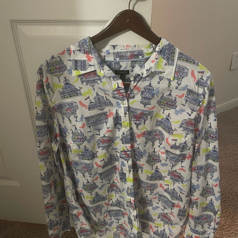Shirt XL, White back ground, blue bird cage with light pink and blue bird